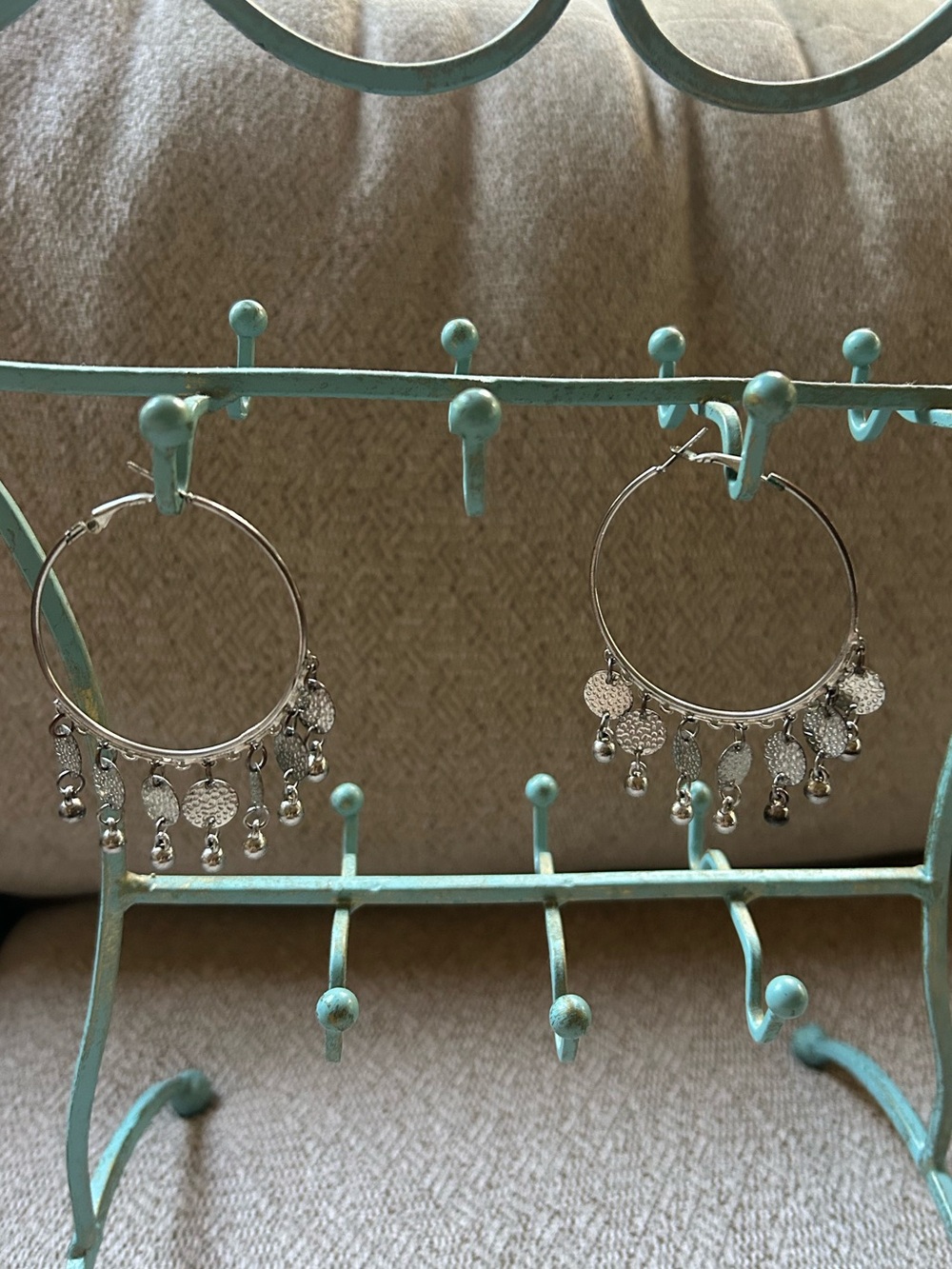 Women’s Large Silver Dangle Hoop Earrings with Textured Charms Boho